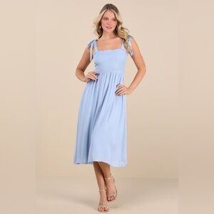 Lulus Looking Up Light Blue Smocked Tie-Strap Midi Dress